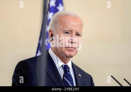 Joe Biden beim Pressestatement nach dem bilateralen Gespräch des amerikanischen Präsidenten mit dem Bundeskanzler im Bundeskanzleramt. Berlino, 18.10.2024 Foto Stock
