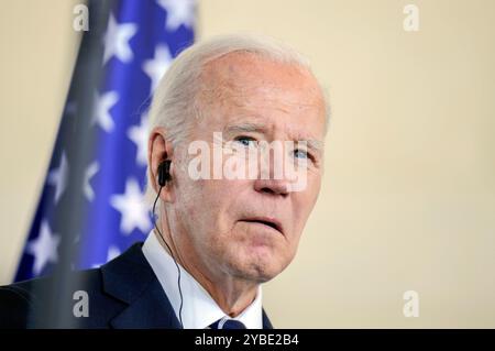 Joe Biden beim Pressestatement nach dem bilateralen Gespräch des amerikanischen Präsidenten mit dem Bundeskanzler im Bundeskanzleramt. Berlino, 18.10.2024 Foto Stock