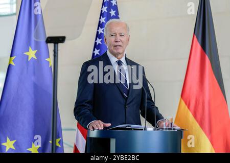 Joe Biden beim Pressestatement nach dem bilateralen Gespräch des amerikanischen Präsidenten mit dem Bundeskanzler im Bundeskanzleramt. Berlino, 18.10.2024 Foto Stock