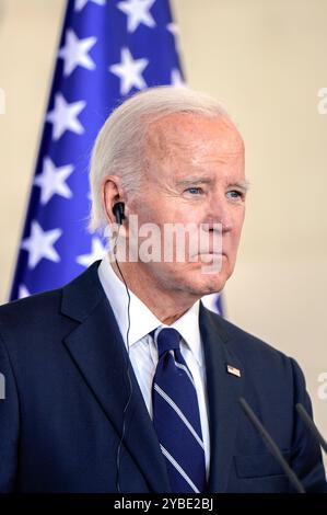 Joe Biden beim Pressestatement nach dem bilateralen Gespräch des amerikanischen Präsidenten mit dem Bundeskanzler im Bundeskanzleramt. Berlino, 18.10.2024 Foto Stock