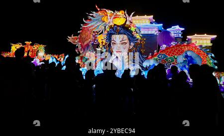 Arcadia, Stati Uniti. 18 ottobre 2024. La gente visita il 2024 Los Angeles Lantern Art Expo ad Arcadia, Los Angeles County, California, Stati Uniti, il 17 ottobre, 2024. il Los Angeles Lantern Art Expo del 2024 è stato lanciato mercoledì sera, mostrando la cultura tradizionale cinese con più di 60 set di lanterne, spettacoli culturali e cucina cinese. Crediti: Qiu Chen/Xinhua/Alamy Live News Foto Stock