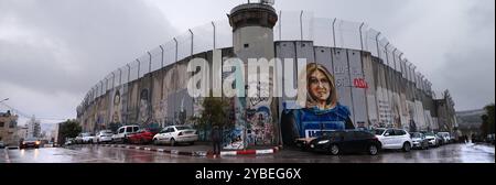 Israel Israel, 20221230 , Israelische Sperranlagen entlang der Grenzlinie zwischen Israel und Palästina, mit diversen idern und Schriftzügen a Betlemme *** Israele Israele, 20221230 , barriere israeliane lungo la linea di confine tra Israele e Palestina, con varie immagini e lettere a Betlemme Foto Stock