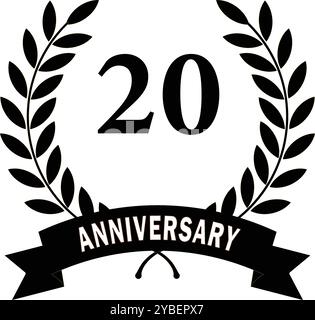 20 anni, Black Leaves, Black rank, Black Circular laurel foliate, Anniversary Laurel Leave, Anniversary laurel Leaves with Ribbon Illustrazione Vettoriale