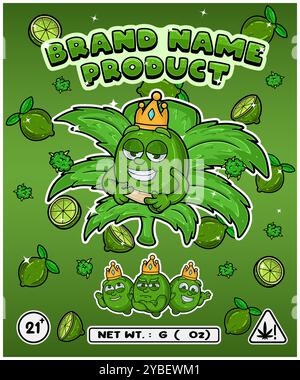 Sapore di lime cartoni animati con foglia di cannabis, progettato per logo, etichetta o imballaggio. Marchio del prodotto nell'industria della cannabis, specialmente per i commestibili, gli oli Illustrazione Vettoriale