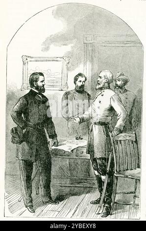 Robert E. Lee fu il generale in capo dell'esercito confederato nella guerra civile americana. Il 26 aprile 1865, il generale confederato Johnston e il generale dell'Unione Grant si incontrarono a casa di James Bennett (qui raffigurato) vicino alla stazione di Durham, nella Contea di Orange, Carolina del Nord, e concordarono che i termini di capitolazione fossero esattamente gli stessi di quelli di Appomatox Courthouse. Nel villaggio di Appomattox Court House, Virginia, il 9 aprile 1865, Robert e Lee consegnò le sue 28.000 truppe confederate al generale dell'Unione Ulysses S Grant, ponendo effettivamente fine alla guerra civile americana. Costretto ad abbandonare Foto Stock