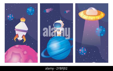 Set di poster Galaxy. Astronauta, cosmonauta su pianeti rosa e blu. Stelle e comete. COSMOS e spazio, universo. UFO alieni. Raccolta vettoriale piatta Illustrazione Vettoriale