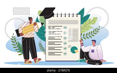 Pullman aziendali con elenco. Uomo e donna con una matita enorme vicino a una lista di obiettivi. Elenchi attività e attività. Uomo d'affari e donna d'affari con brainstorming Illustrazione Vettoriale