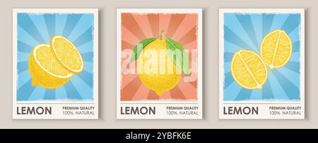 Set di poster Lemon retro. Prodotti agrumati naturali freschi e biologici. Pacchetto di opuscoli, opuscoli e opuscoli. Frutta con vitamine. Raccolta vettoriale piatta Illustrazione Vettoriale