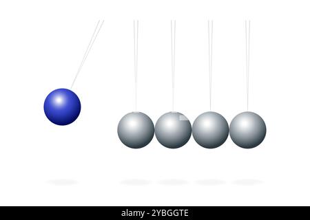 La culla di Newton con la sfera blu. Dispositivo che dimostra i principi di conservazione dello slancio e dell'energia in fisica. Foto Stock