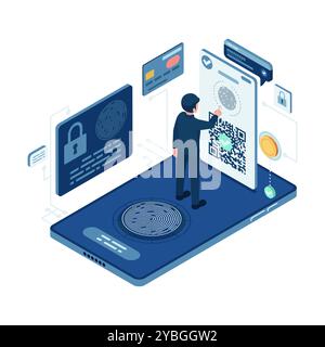 Isometric Business utilizza il pagamento biometrico con impronta digitale su smartphone. Concetto di pagamento biometrico e autenticazione Illustrazione Vettoriale