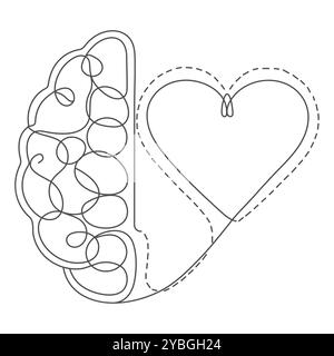 Un disegno continuo di metà cervello umano e l'icona del logo Love Heart Shape. Concetto di modello di simbolo del logotipo di affetto psicologico diviso. Illustrazione Vettoriale