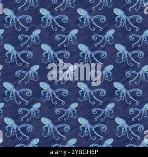 Polpo disegnato a mano con motivo ad acquerello senza cuciture su sfondo blu scuro. Illustrazione monocromatica a gradiente blu di alta qualità per stazionari Foto Stock