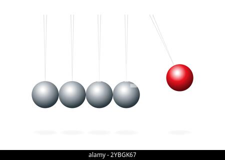 La culla di Newton con la sfera rossa. Dispositivo che dimostra i principi di conservazione dello slancio e dell'energia in fisica. Foto Stock