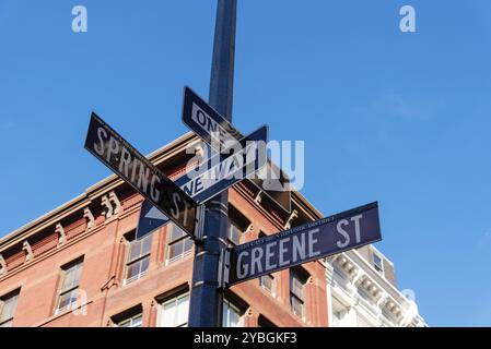 Vista dall'angolo basso dell'edificio tipico e del cartello con il nome della strada in Greene Street e Spring Street nel Soho District a New York City Foto Stock