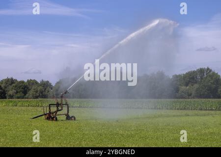 Sistema di irrigazione su un prato nel nord dei Paesi Bassi Foto Stock