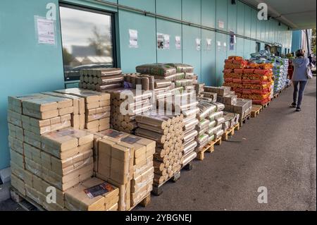 Sacchetti di plastica con pellet di legno, bricchetti di legno e legna da ardere in un mercato all'ingrosso, Allgaeu, Baviera, Germania, Europa Foto Stock