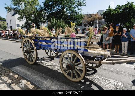 Pont-Aven, Francia, 5 agosto 2018: Festival dei fiori di Gorse, una sfilata tradizionale con circoli celtici e bagadou, spettacoli di danza e musica da Foto Stock