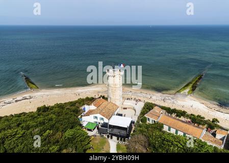 Isola di Re, Francia, 7 agosto 2018: Il faro delle balene, Phare des Baleines, Europa Foto Stock