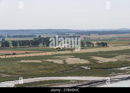 Vista aerea di seagull battenti sul mare a Mont Saint Michel, Normandia Foto Stock