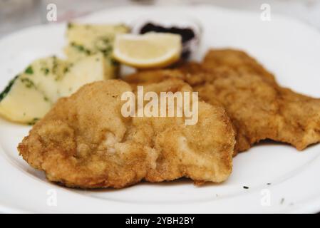 Chiusura del Wiener Schnitzel sulla piastra bianca nel ristorante, vista laterale Foto Stock