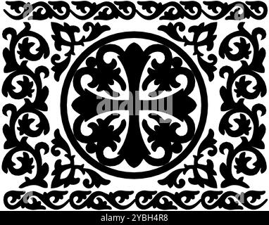 Silhouette cornice barocca d'epoca ornamento a spirale con incisione bordo motivo retrò floreale stile antico motivo decorativo a vortice di foglie di acanto Illustrazione Vettoriale