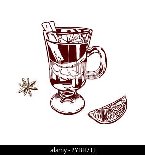 VIN brulé con cannella, spicchio di limone, anice stellato. Illustrazione vettoriale in stile grafico. Per inviti di Natale, biglietti, poster, striscioni, etichette. Illustrazione Vettoriale