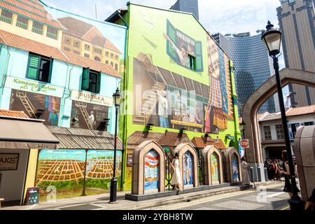 Murale in via Muscat che raffigura una tradizionale attività commerciale, la via araba attraversa Singapore Foto Stock