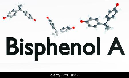 Il rendering 3d del bisfenolo A (BPA) è un composto chimico sintetico utilizzato per produrre un'ampia gamma di prodotti in plastica, tra cui le materie plastiche in policarbonato Foto Stock