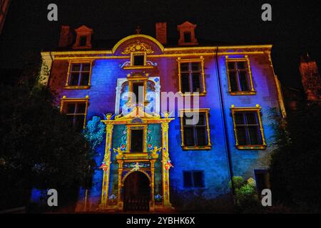 Francia, Cher (18), Bourges, illuminazione durante Les nuits lumières de Bourges, hotel Lallement, Musée des arts décoratifs Foto Stock