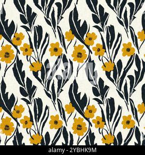 Moderno motivo blockprint in tessuto stampato con fiori selvatici e texture in lino. Motivi floreali boho scuri disegnati a mano stilizzati per elementi di design decorativi Foto Stock