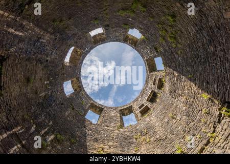 Guardando verso l'alto nella tenuta circolare in rovina del castello di Dinefwr vicino a Llandeilo, nel Carmarthenshire, nel Galles. Maggio. Foto Stock