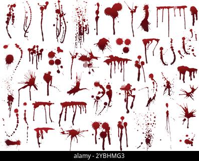 Spruzzi di sangue horror realistici. Pattern a goccia, texture a macchie di inchiostro rosso, macchie grunge e gocce per horror, scena del crimine e design di halloween. Spaventoso Illustrazione Vettoriale