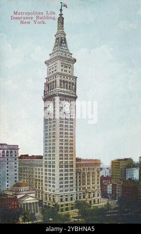 Cartolina d'epoca degli Stati Uniti della Metropolitan Life Insurance Company Tower in Madison Avenue a New York City. Progettato da Napoleon Lebrun & Sons. Foto Stock