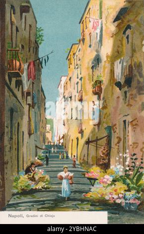 Cartolina cromo-lito illustrata d'epoca della scalinata di Chiaia a Napoli, Italia. Foto Stock