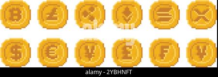 Moneta in valuta pixel art. Cripto pixelato Bitcoin, Dollaro, Euro, Yen, simboli di sterlina sulle monete d'oro. Icone di moneta Fiat e criptovaluta digitale Illustrazione Vettoriale