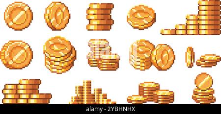 Monete d'oro pixel art. Pile e pile di monete d'oro retrò a 8 bit, denaro digitale e risparmi finanziari o vettore di videoludico con pixel di cashback Illustrazione Vettoriale