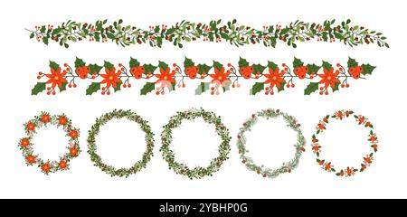 Ghirlande e ghirlande natalizie set di oggetti vettoriali di colore piatto Illustrazione Vettoriale