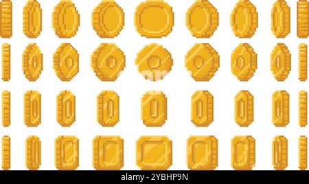 Animazione delle monete di pixel art. Soldi rotanti, cerchio profumato dorato, monete quadrate ovali e arrotondate 360 angolazioni, loop animato per un gioco arcade a 8 bit con pixel rétro Illustrazione Vettoriale