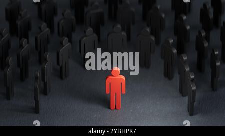Illustrazione 3D di una bambola di legno. Concetto di discriminazione e inclusione. Le statuette in legno circondavano il rendering rosso.3D su sfondo nero. Foto Stock