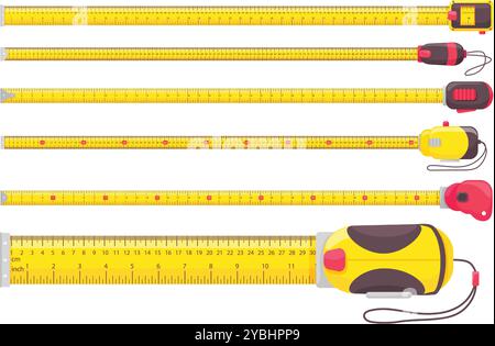 Righello a nastro per carpentiere. Metri a nastro gialli con misure metriche e imperiali, scale in pollici e centimetri. Vettore isolato di lunghezza Illustrazione Vettoriale
