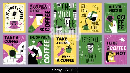 Poster del caffè Doodle. Adesivi con marchi per caffè, bar o caffè con slogan per la pausa caffè. Vettore creativo per bevande a base di caffeina disegnata a mano Illustrazione Vettoriale