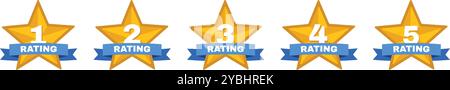 Badge di valutazione a stelle. Etichette adesive con feedback sulla soddisfazione del cliente con cinque stelle d'oro con nastro, revisione della qualità e emblema del tasso di assistenza. Vettore Illustrazione Vettoriale