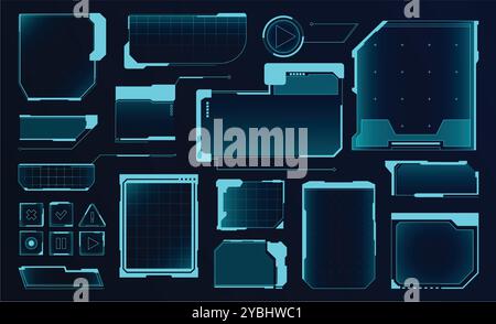 Frame hud digitali. Interfaccia utente futuristica pannelli e pulsanti digitali, barra delle didascalie cyber tech e casella dei titoli Sci Fi. Menu di gioco o messaggio del cruscotto Illustrazione Vettoriale