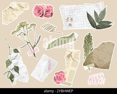 Elementi tagliati in carta. Collage botanico con frammenti di carta strappati, scarabocchi, rami con foglie e fiori. Rivista estetica Coquette floreale Illustrazione Vettoriale