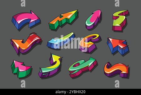 Frecce 3d Graffiti. Indicatori di direzione colorati per Street art, audace freccia in stile urbano per un design di navigazione dinamico e divertente. Vettore isolato Illustrazione Vettoriale