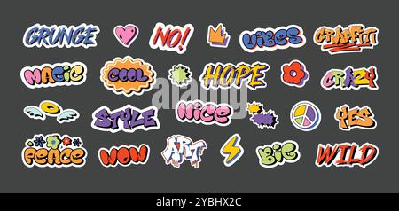 Adesivi per graffiti. Decalcomanie in stile urbano, sì e no, vibrazioni grunge, speranza e pace, grande, selvaggia e magica, wow, bella e fantastica etichetta di adesivi Illustrazione Vettoriale