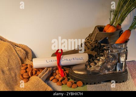 Foto concettuale di Sinterklaas, carota in scarpa, pepernoten e lettera per Babbo Natale. Traduzione del testo olandese: Caro Babbo Natale Foto Stock