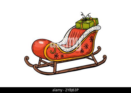 Schizzo vettoriale in stile vintage, incisione, disegno linea di slitta babbo natale colorata. Illustrazione Vettoriale