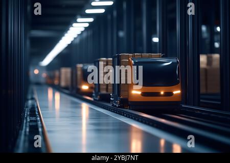 treno automatico autonomo giallo implementato in un processo di logistica altamente efficiente. Immagine generata DALL'IA Foto Stock