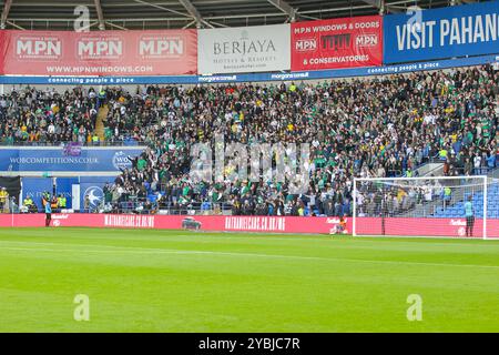 Cardiff City Stadium, Cardiff, Regno Unito. 19 ottobre 2024. EFL Championship Football, Cardiff City contro Plymouth Argyle; i tifosi del Plymouth Argyle si godono l'atmosfera Credit: Action Plus Sports/Alamy Live News Foto Stock